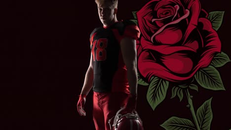 Animation-of-male-american-football-player-holding-helmet-over-red-rose-on-black-background