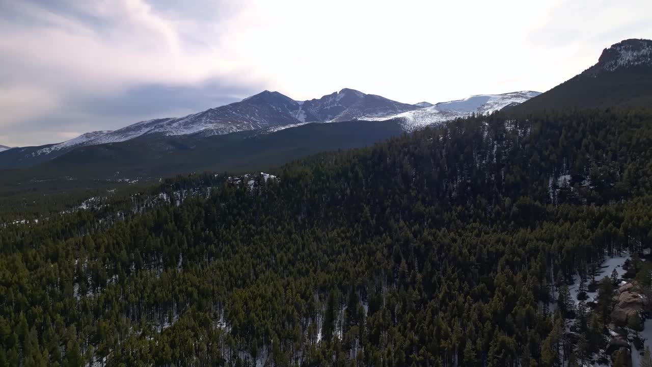 Panoramaudsigt over dal og sneklædte tinder fra en skovryg i sent eftermiddagslys, Allenspark Colorado USA