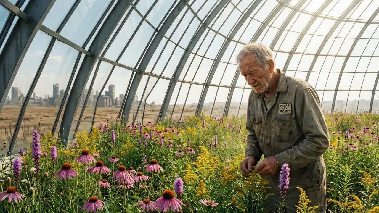 Uomo in una serra con fiori