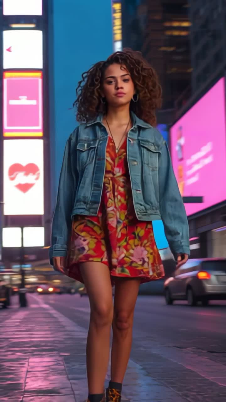 Vertical video: Walking woman striding across neon plaza with dusk falling and purpose, ads glowing