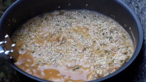 zoom in of meal cooking in pot outdoors in colorado