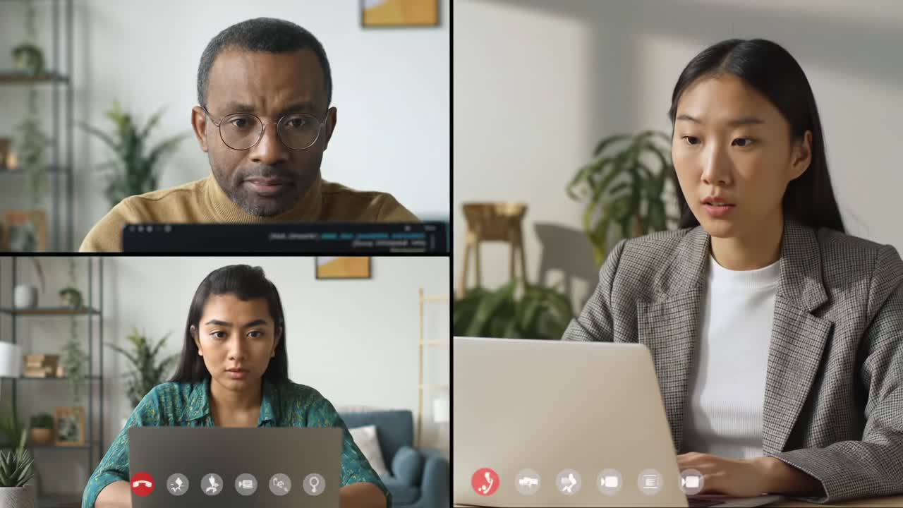 A Dynamic Virtual Meeting: Professionals Engaged in Video Conference with Focused Expressions and Interactive Screens