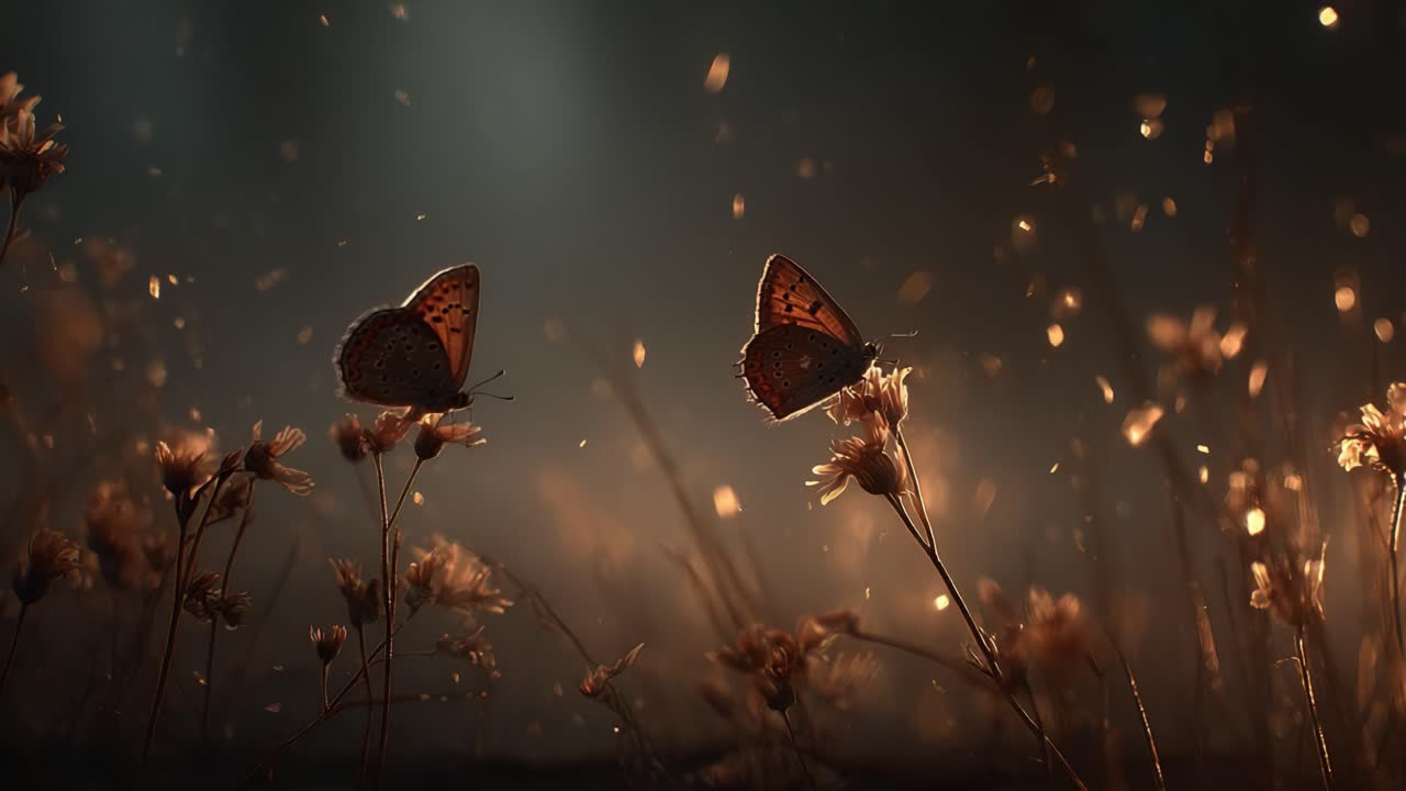 Un momento sereno della natura: due farfalle che adornano fiori delicati in un paesaggio magico e onirico con luci soffuse e particelle fluttuanti.