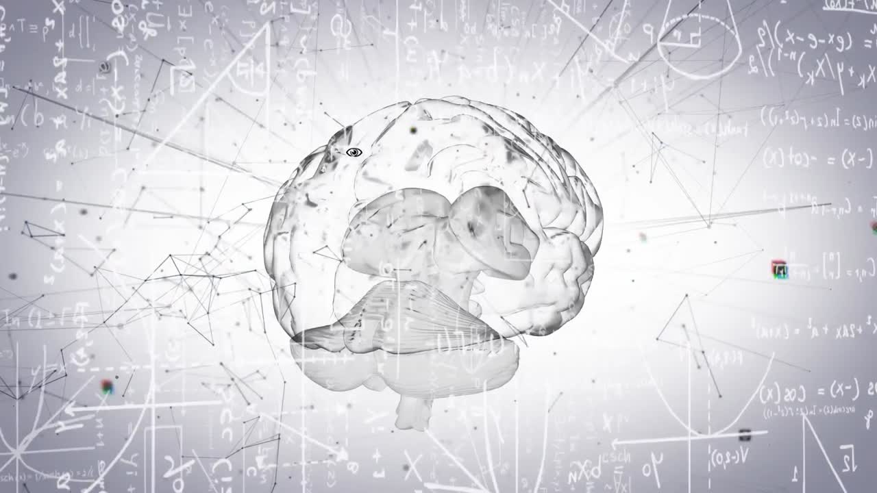 animación de ecuaciones matemáticas y red de conexiones contra el icono del cerebro humano giratorio