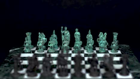 ancient marble chessboard with teal bronce knights as pawns slider macro-6