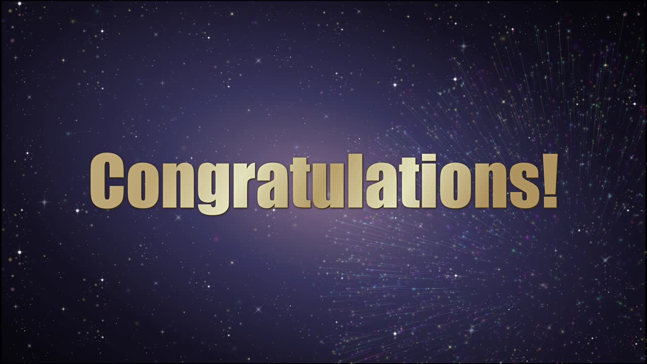 Golden three-dimensional text appears over exploding colorful fireworks against a dark starry night background