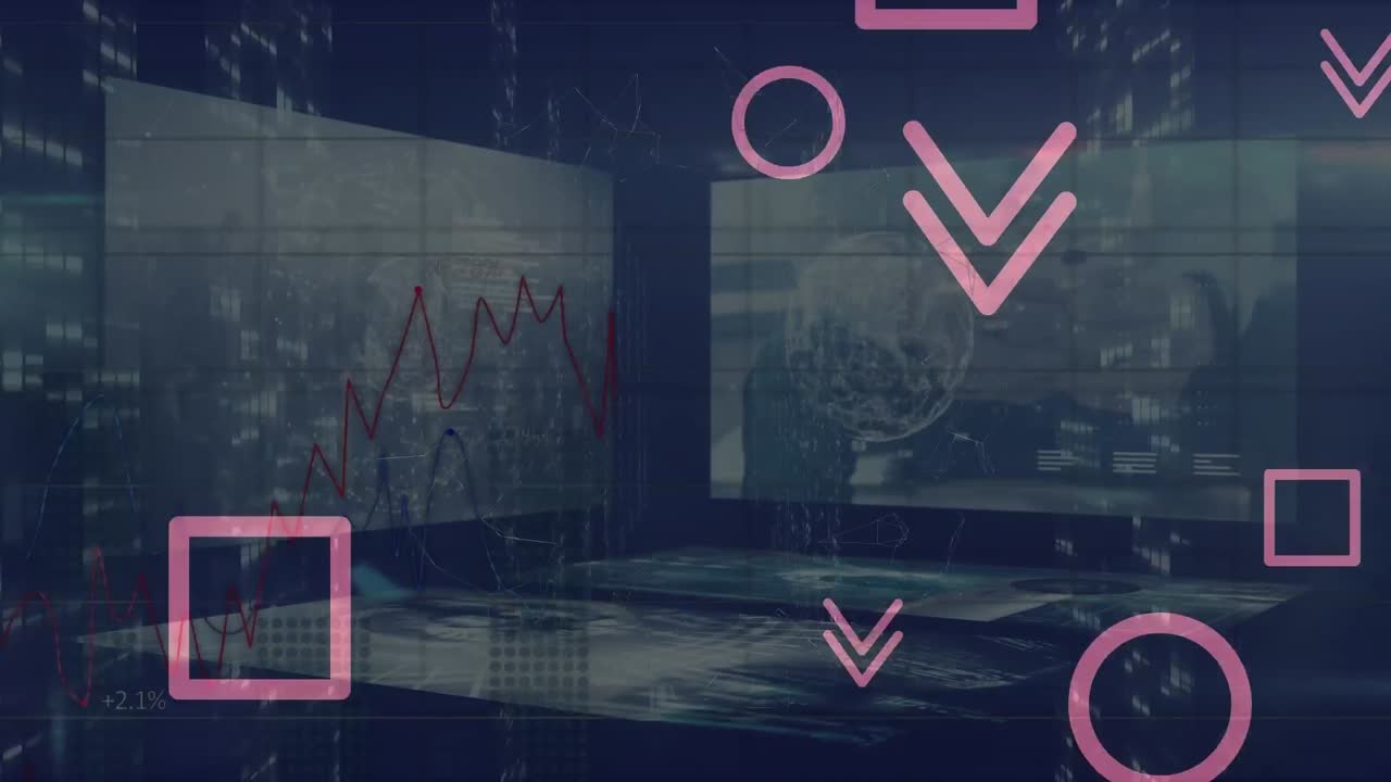 animación de iconos de flecha y formas abstractas en múltiples pantallas con procesamiento de datos