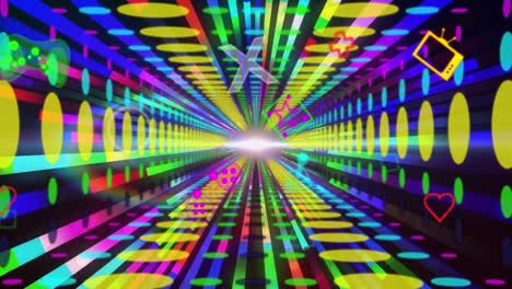 Animation-of-colourful-game-and-media-icons-over-tunnel-of-colourful-glowing-lights