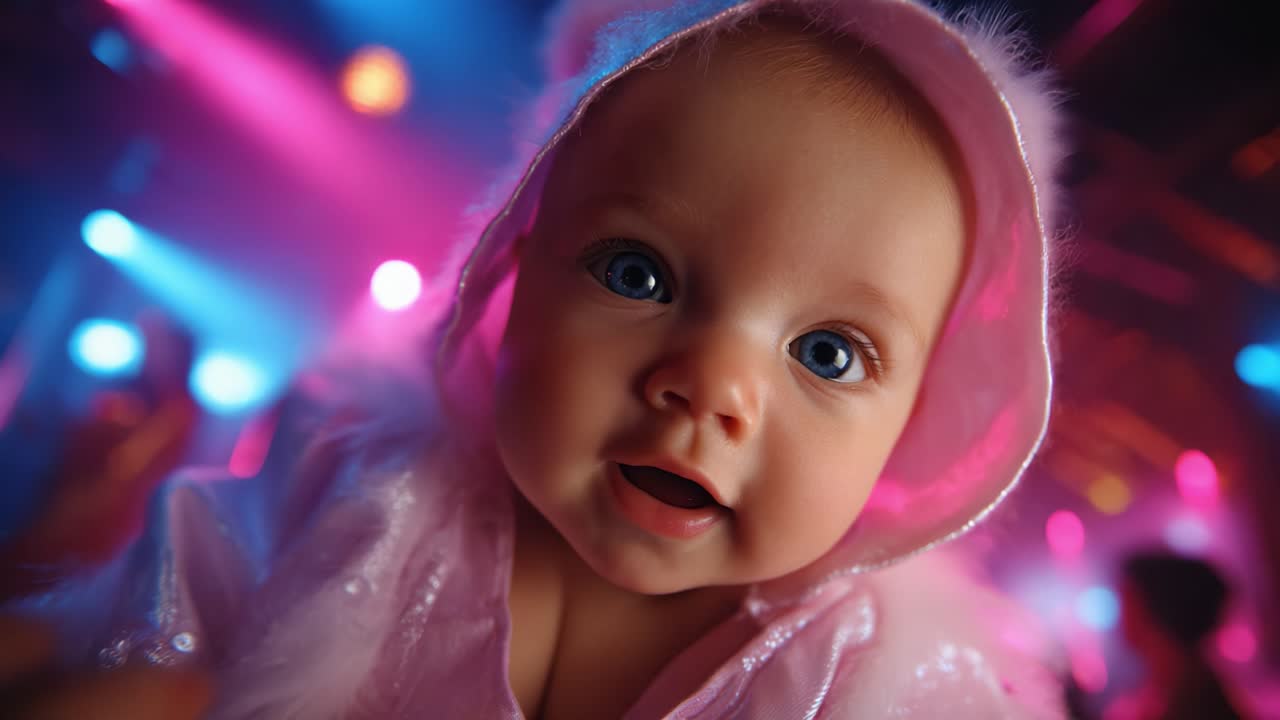 Bedårende baby i et fluffy, rosa antrekk med en søt hette smiler bredt i et fargerikt miljø fylt med myke lys og en gledelig atmosfære