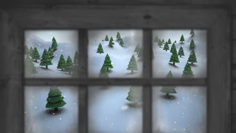 Animation-of-snow-falling-and-christmas-winter-scenery-seen-through-window