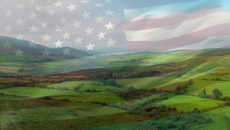 digital composition of waving us flag against aerial view of grasslands