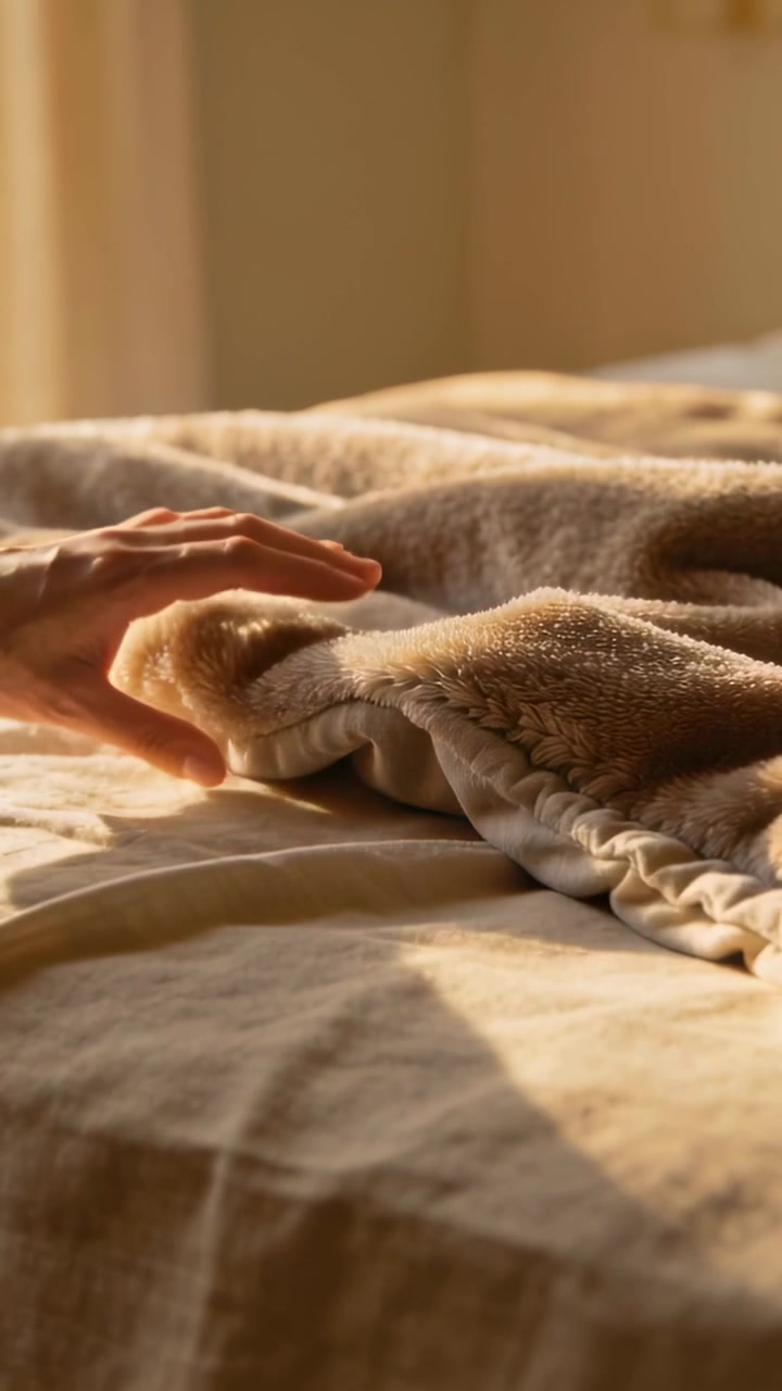 Video verticale: Mano che entra da sinistra solleva, liscia e rimbocca un plaid morbido sul letto per ordine.