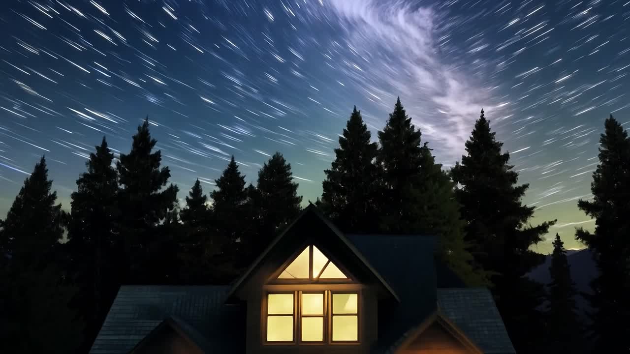 cabaña del cielo nocturno en el bosque