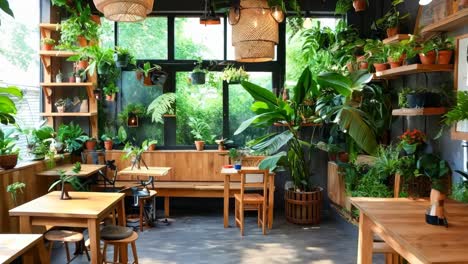 a restaurant with wooden tables and chairs surrounded by plants