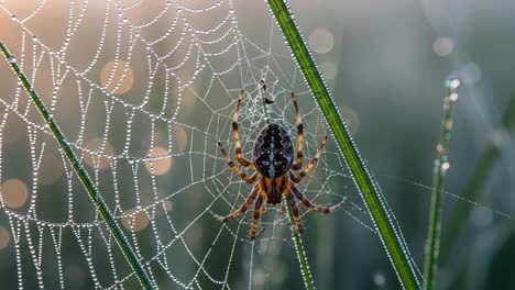 close-up of a spider creating an intricate web drenched in morning dew, capturing nature's delicate beauty in soft light