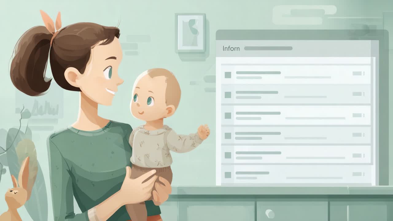 A Tender Moment Between Mother and Baby: An Illustration of Warmth and Connection in a Cozy Indoor Setting with Informative Screen Displaying Messages Creating an Atmosphere of Nurturing Care