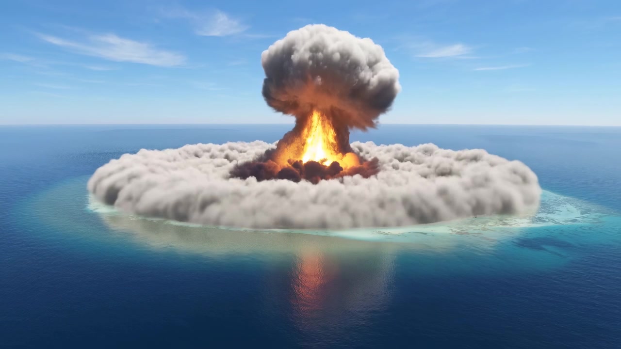 Bright flames surge upward while billowing dark smoke thickens into mushroom-shaped plume and low white cloud ring spreads across island shoreline, reflected on calm sea.