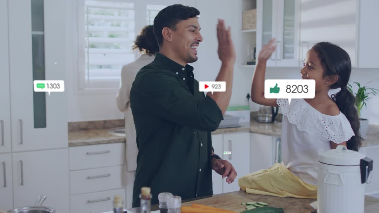 Daughter testing cooker with father chopping veggies, social icons growing then sharing high-five