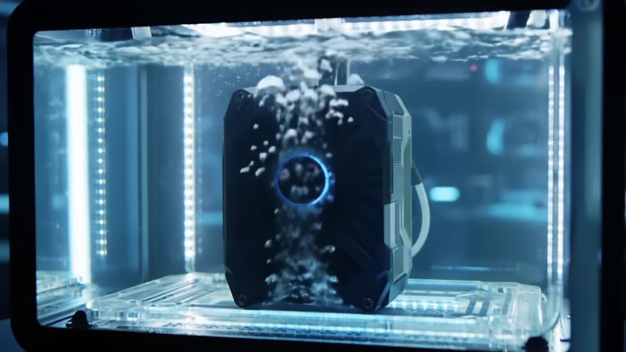 Submerged Technology: An Innovative Device Encased in Water, Showcasing Bubbles and Light Reflection, Illustrating the Intersection of Science and Aesthetics
