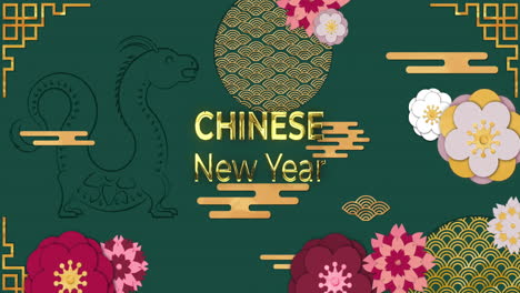 animation of chinese new year text and dragon symbol with chinese pattern background