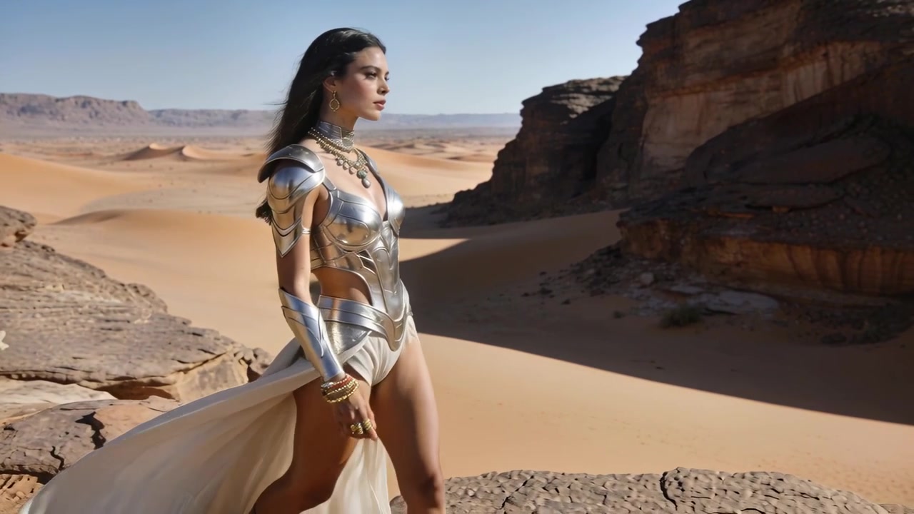 Donna che cammina indossando un'armatura d'argento e una gonna trasparente lungo una sporgenza di arenaria, il vento che solleva il tessuto