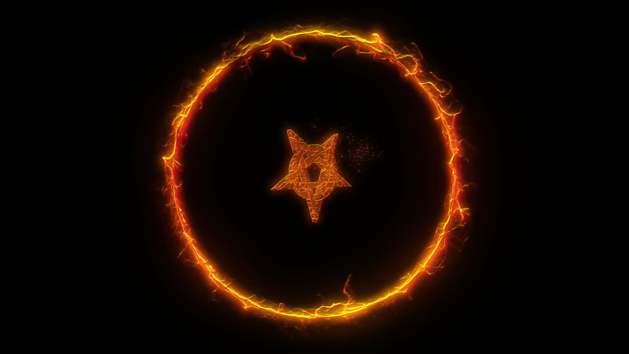 símbolo místico del pentagrama esotérico girando dentro del anillo de fuego ardiente sobre fondo negro