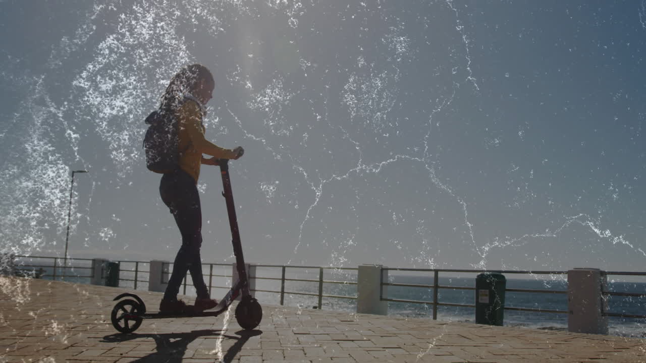 female rider using electric scooter along coastal path, displaying floating tech graph overlay