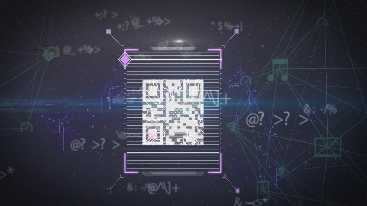 Animation of changing symbols over qr code scanner and globes of digital icons