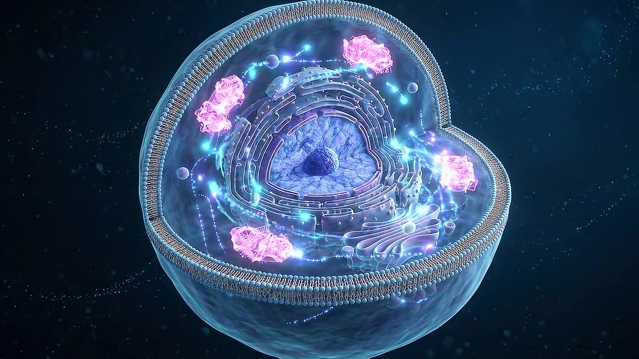 Transparante biologische cel met weergave van celkern, organellen en moleculaire activiteit