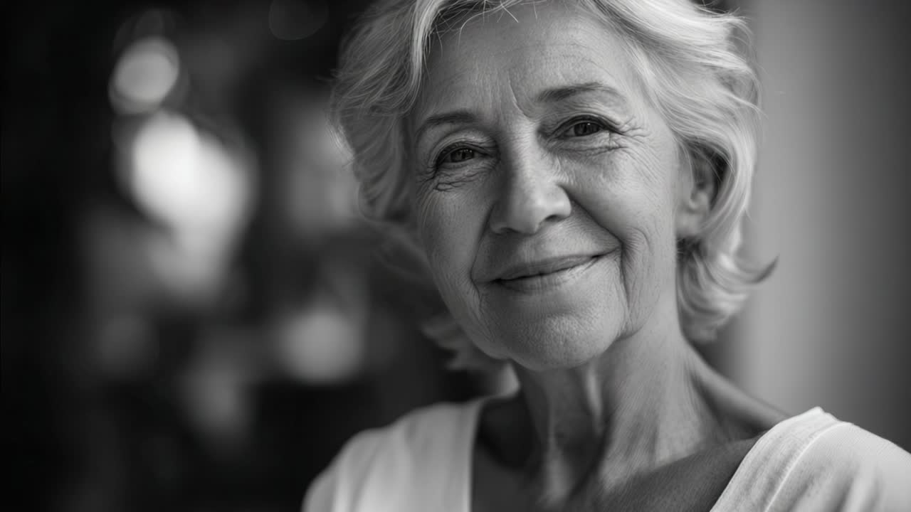 Captivating smile of an elderly woman exuding warmth and wisdom in a black and white portrait, showcasing the beauty of aging and the charm of her experience