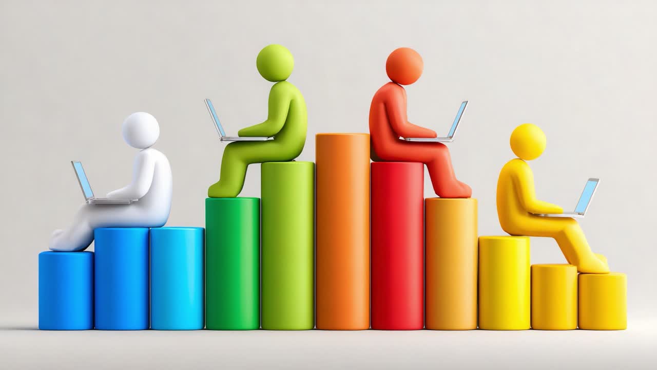 Colorful Representation of Progress: Four Stylized Figures Working on Laptops atop Gradually Ascending Bar Graphs, Symbolizing Growth and Collaboration in a Digital Environment
