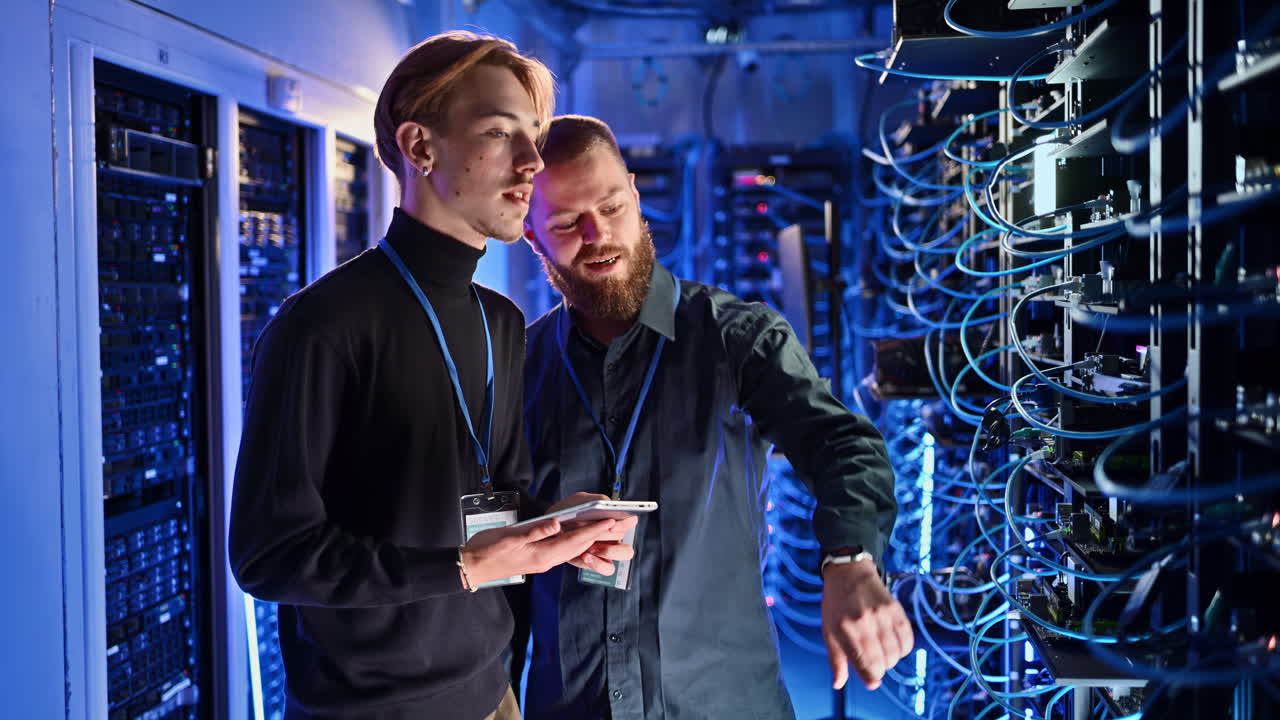 Two men analysing data in a server room