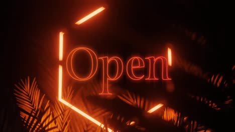 animation of open text over neon shape and leaves on black background