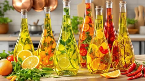 Various glass bottles containing flavored olive oil infused with herbs, spices, citrus fruits, and vegetables, standing on a wooden kitchen counter