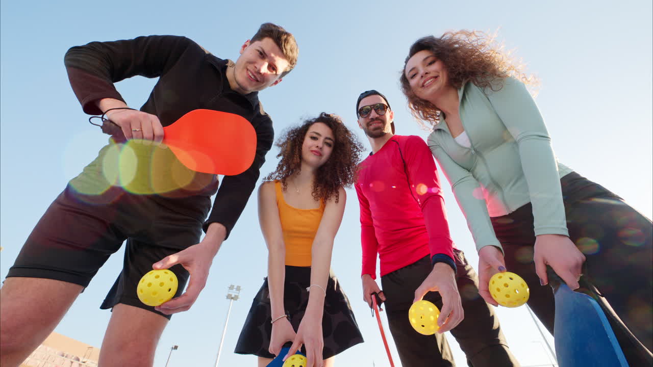 Low angle view of two men and two women holding yellow balls and pickleball rackets smiling to the camera
