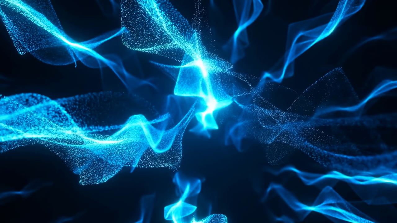Blue Particle Waves Pulsating Through Darkness, Electric Shimmer And Neon Glow Form Abstract Data Stream