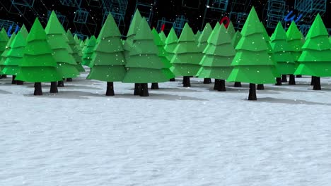 Snow-falling-over-multiple-trees-on-winter-landscape-against-alphabets-floating-on-blue-background