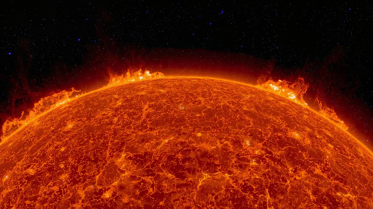 Displaying Sun's photosphere evolving over five frames, prominences rising from magnetic activity