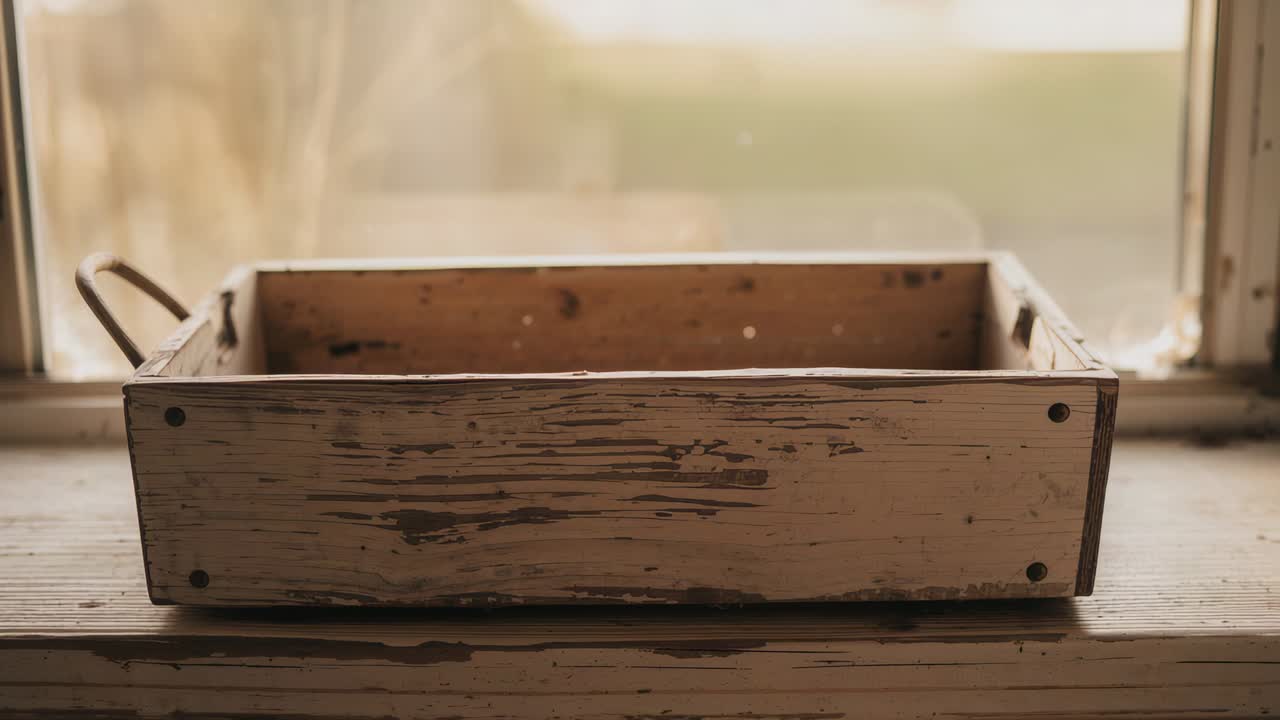 Resting worn wood crate highlighting metal handle, screw heads on sill while light shifting