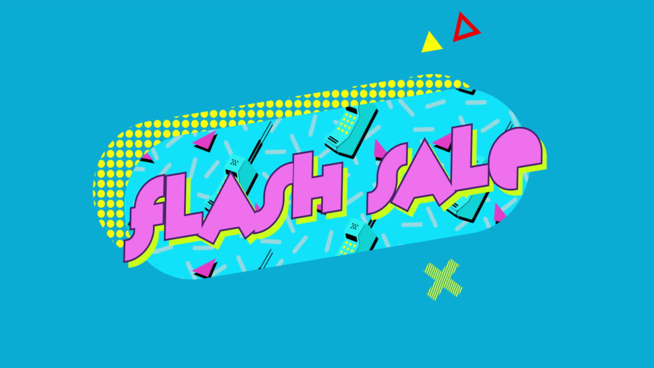 animación de texto de venta flash con formas geométricas coloridas en fondo azul