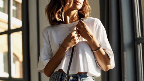 woman in casual outfit by the window