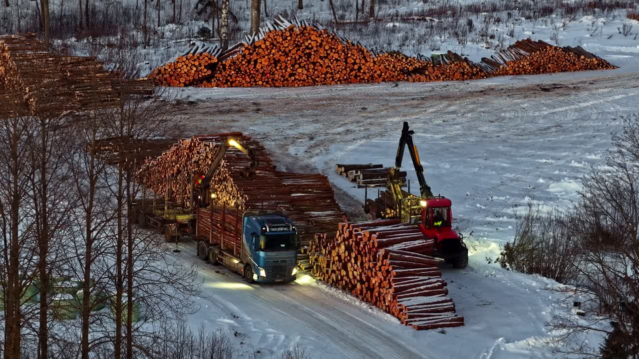 Time lapse of crane loading cut logs onto a truck in a snowy forest. Aerial