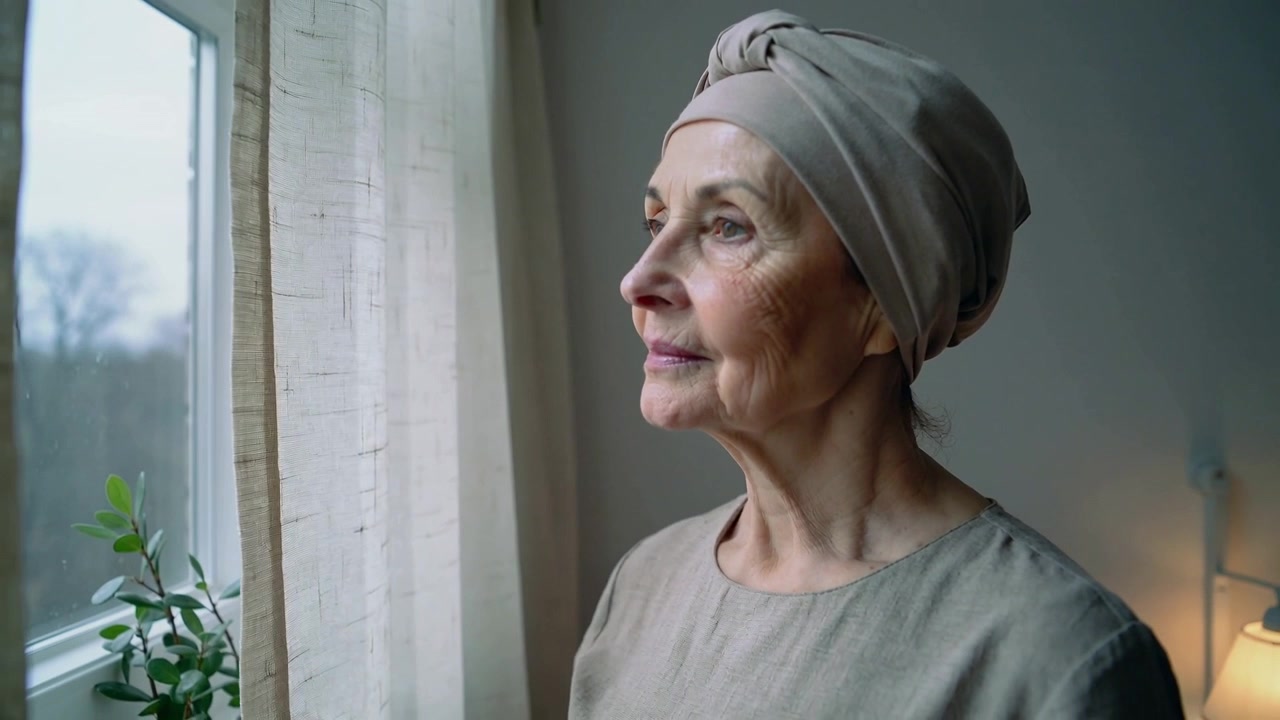 Donna anziana con turbante che si allunga sbirciando attraverso una tenda trasparente a casa, toccando una pianta e riflettendo