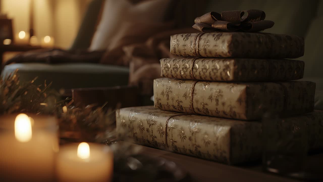 Candle flames flickering after lighting on table in living room, with stack of wrapped gifts