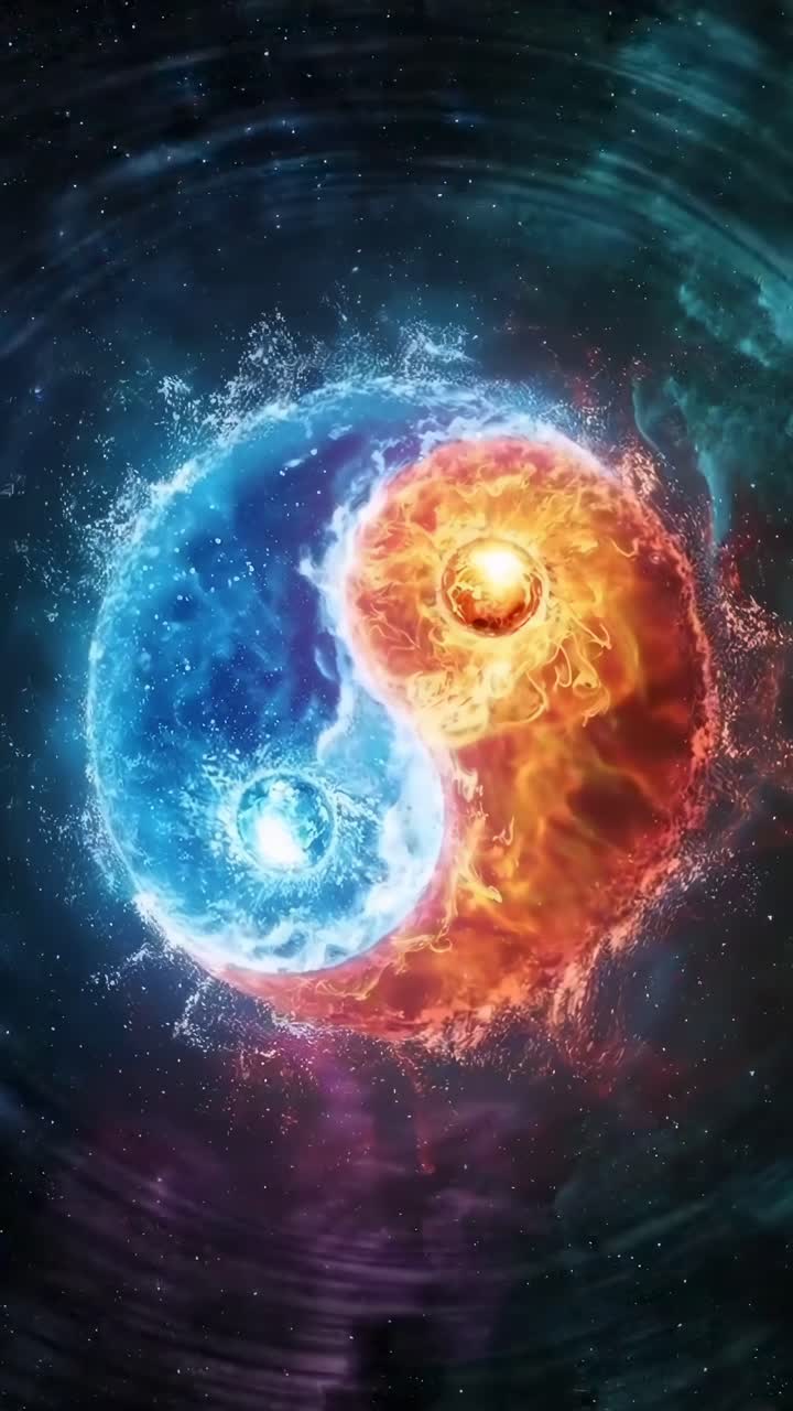 Concept video dinamico di uno yin-yang infuocato e ghiacciato, ripresa dall'alto, con sfondo cosmico.