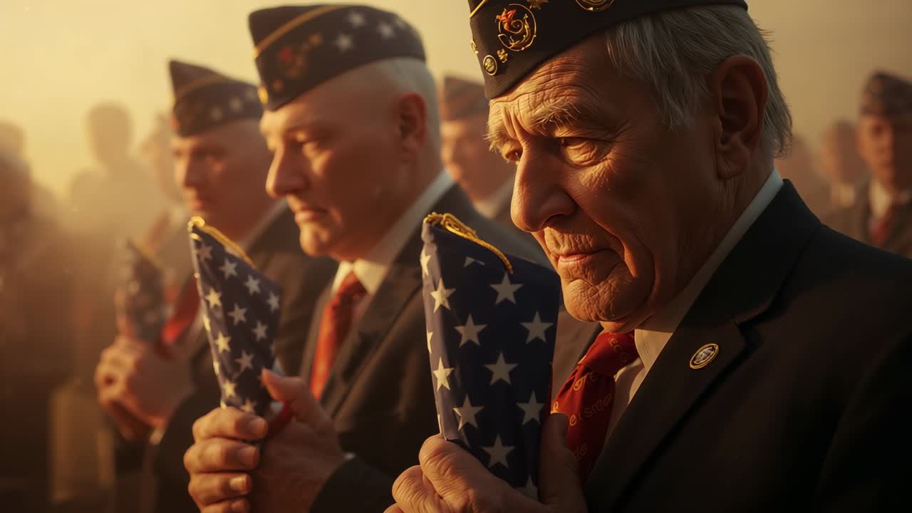Dawn inspiring camera dollying toward senior vet lowering gaze at memorial with folded US flags