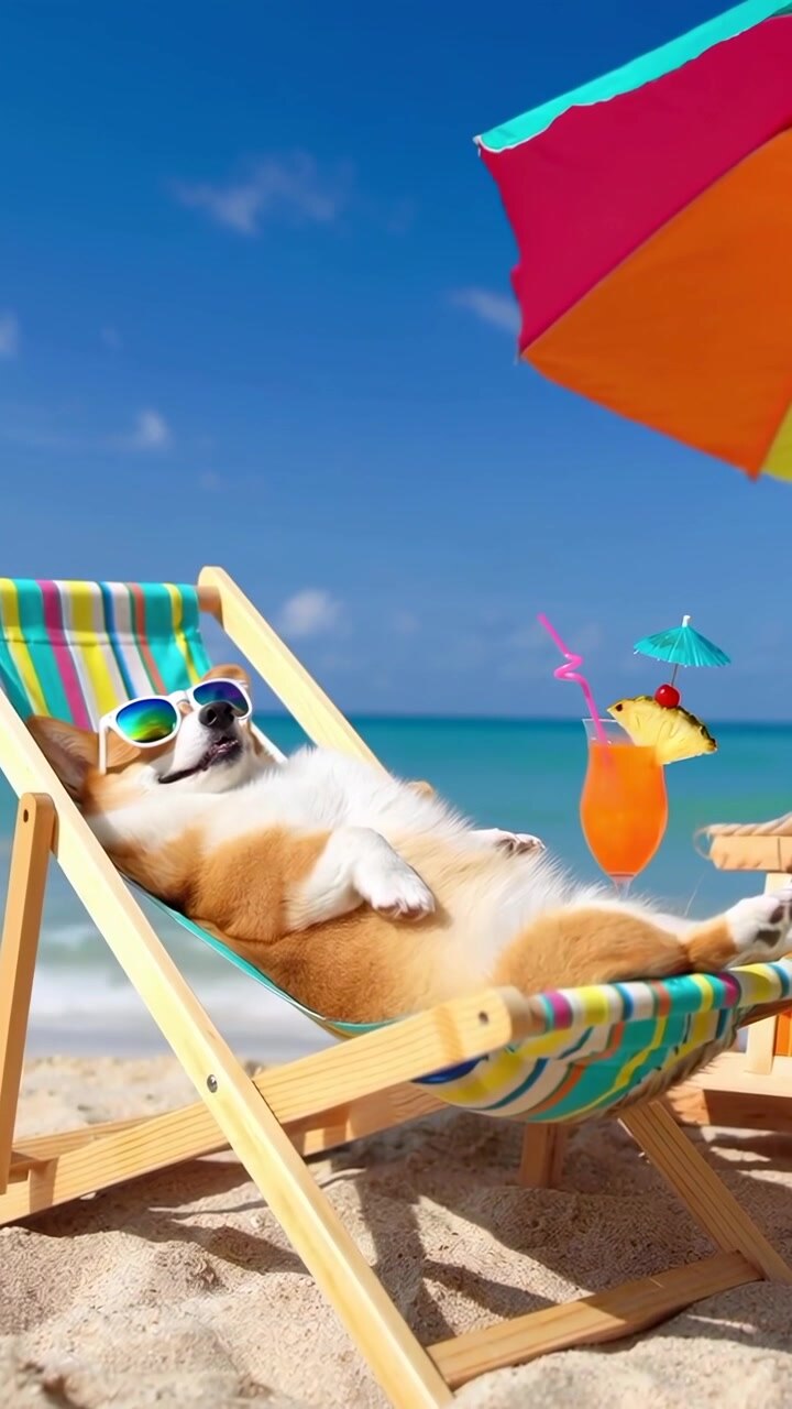 Adorabile cane Corgi che prende il sole su una sedia a sdraio con un cocktail