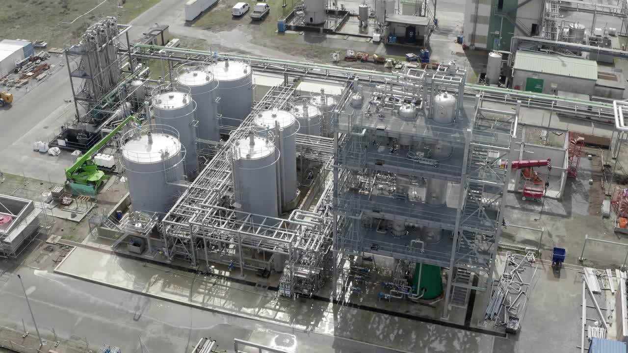 Wide aerial drone view of DRT Factory complex, a major chemical plant in Veille-Saint-Girons, France