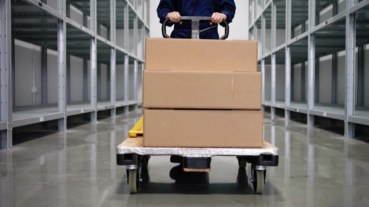 Lavoratore in uniforme scura che spinge un transpallet carico con 3 scatole lungo un corridoio di magazzino per rifornire.