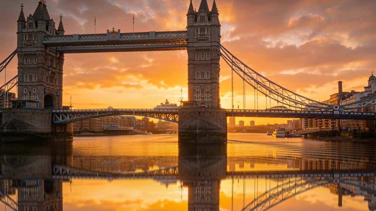Bateau fluvial en partance passant sous le Tower Bridge sur la Tamise, créant des sillages lumineux qui s'élargissent.